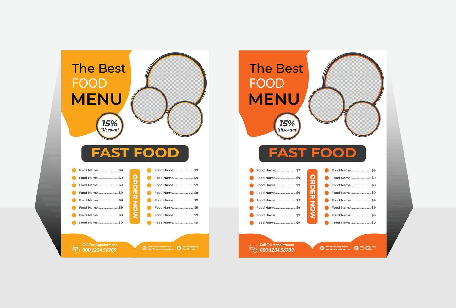 Vibrant Orange and Gray Fast Food Menu Stand Design with 15 Discount Offer for Ordering Now vector