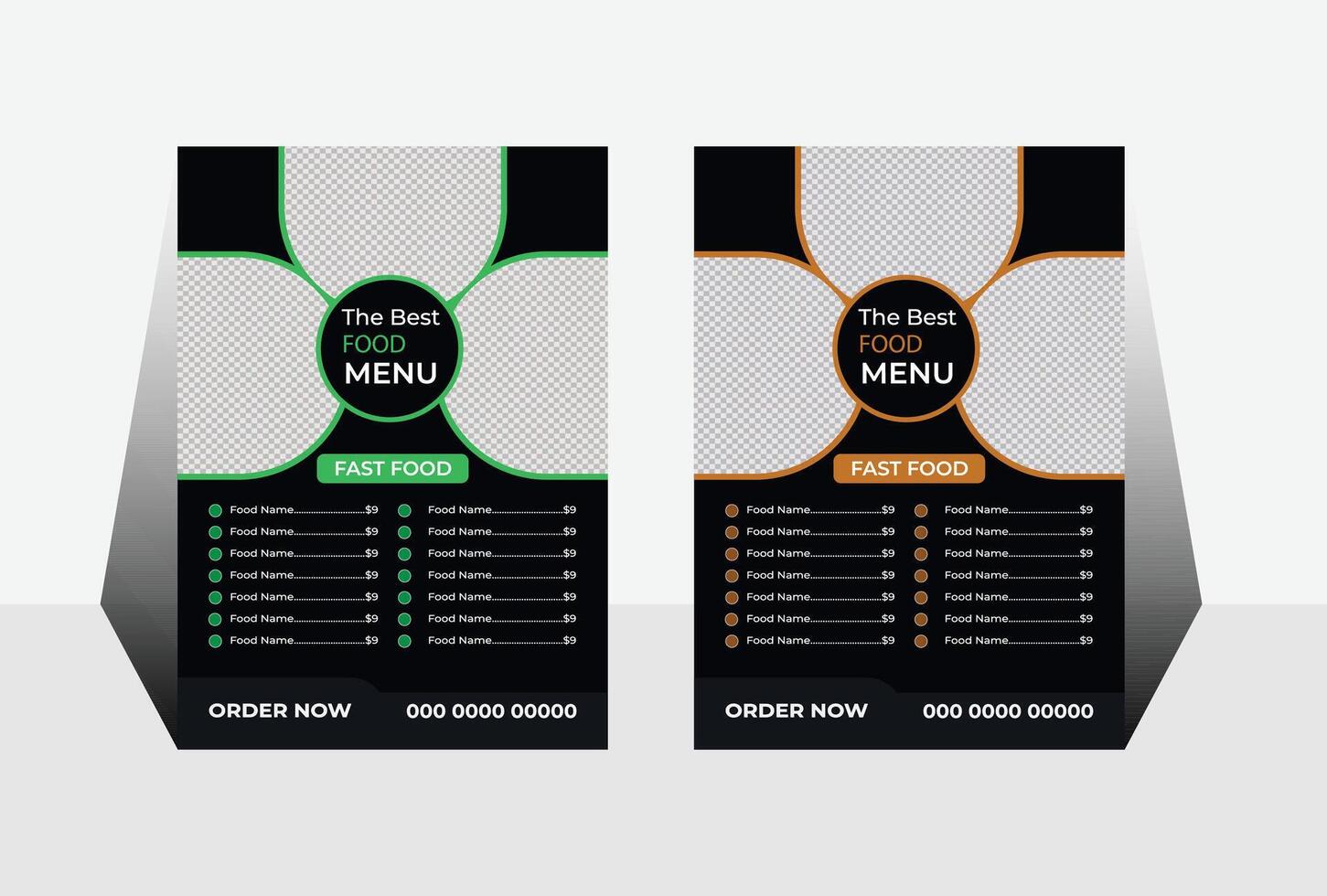 Elegant Black and GreenBrown Fast Food Menu Table Tent Design for Ordering Now - Professional digital artwork with vibrant colors and detailed composition vector