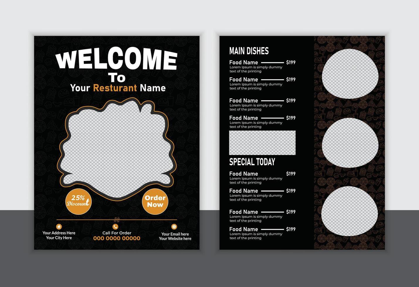 Elegant Black and Gold Restaurant Menu Design Welcoming Customers to a Delicious Dining Experience - Professional digital artwork with vibrant colors and detailed composition vector