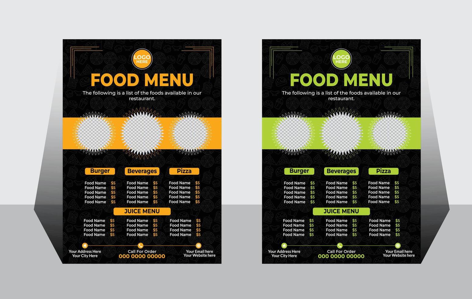 Stylish Restaurant Food Menu Design with Vibrant Colors, showcasing Burgers, Beverages, Pizza, and Juices, creating an Appetising Mood vector