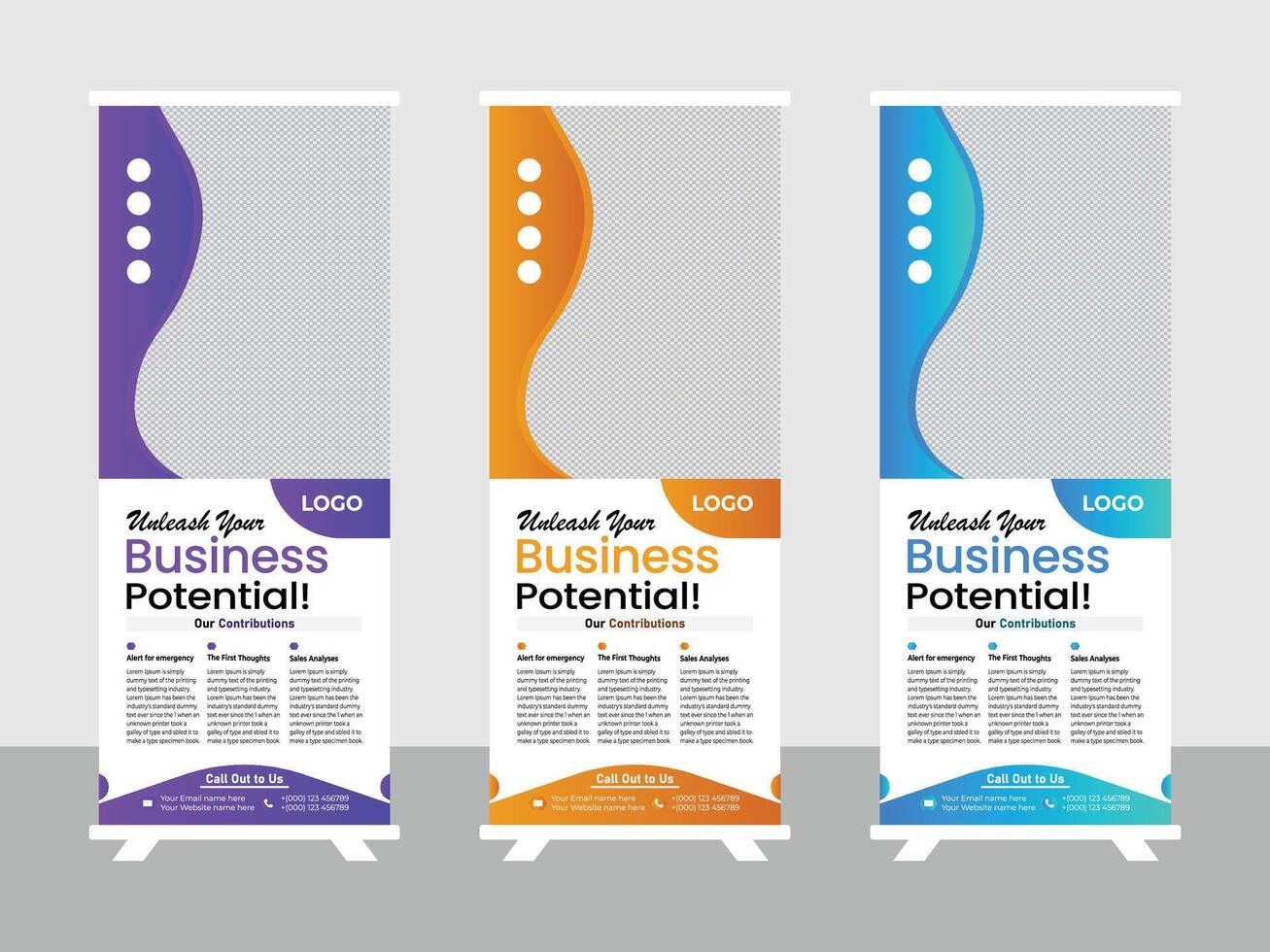 Modern Tri-Fold Retractable Banner Design for Unleashing Business Potential with Vibrant Gradient Colors and Professional Layout vector