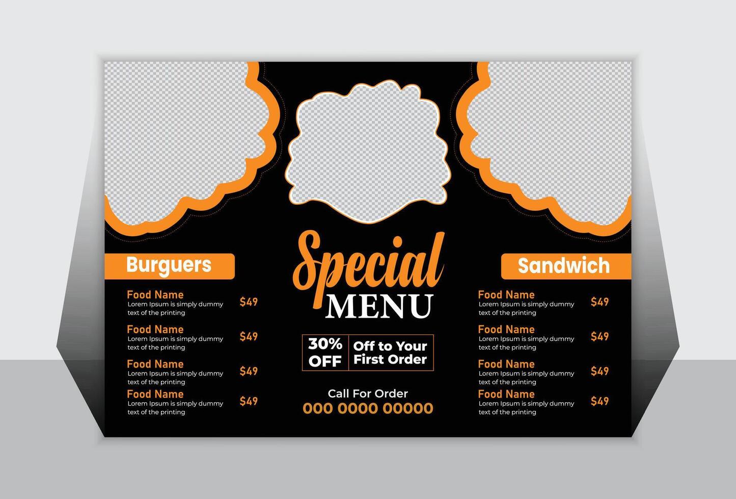 Attractive Special Menu for Burgers and Sandwiches Delicious Food, Tempting Offer, Black and Orange Design, Appetising Advertisement vector