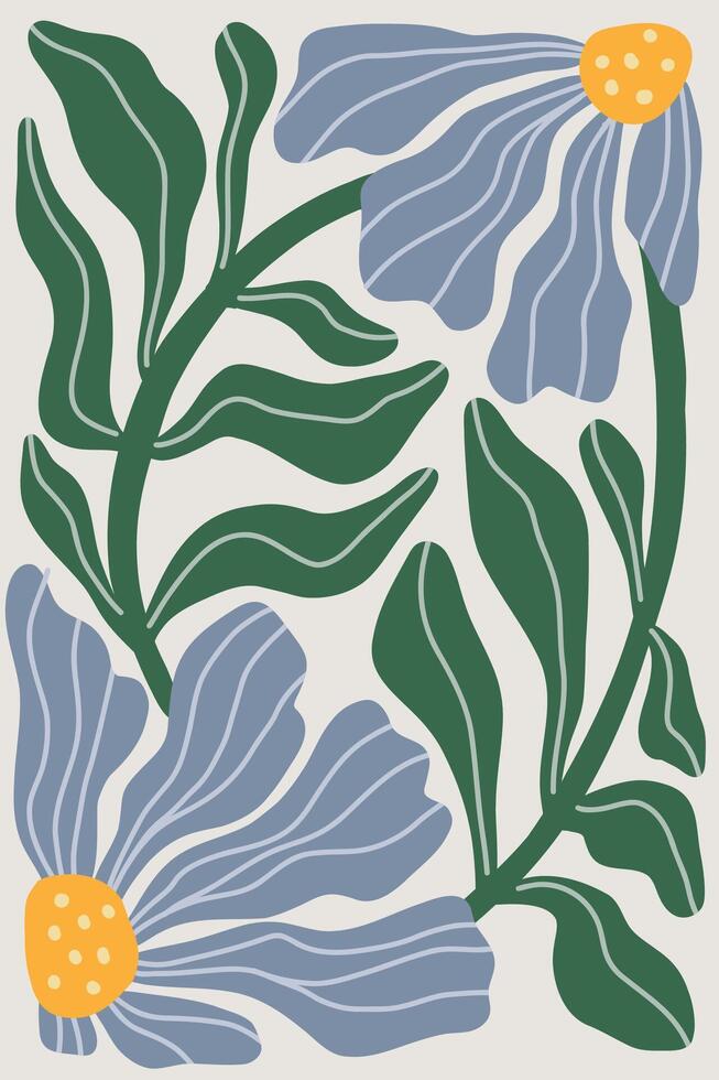 Vertical flat Illustration inspired by Henri Matisses cut out style, featuring vintage abstract blue flowers and green leaves, hand drawn and arranged on a gray background. vector