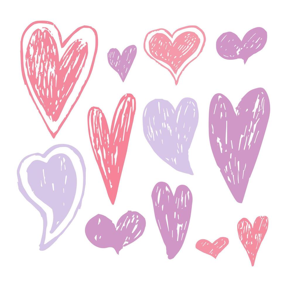 Illustration of a hand drawn set of pink and purple hearts in pencil sketch style. Isolated on a white background. Soft, romantic, and playful elements for love themed designs vector