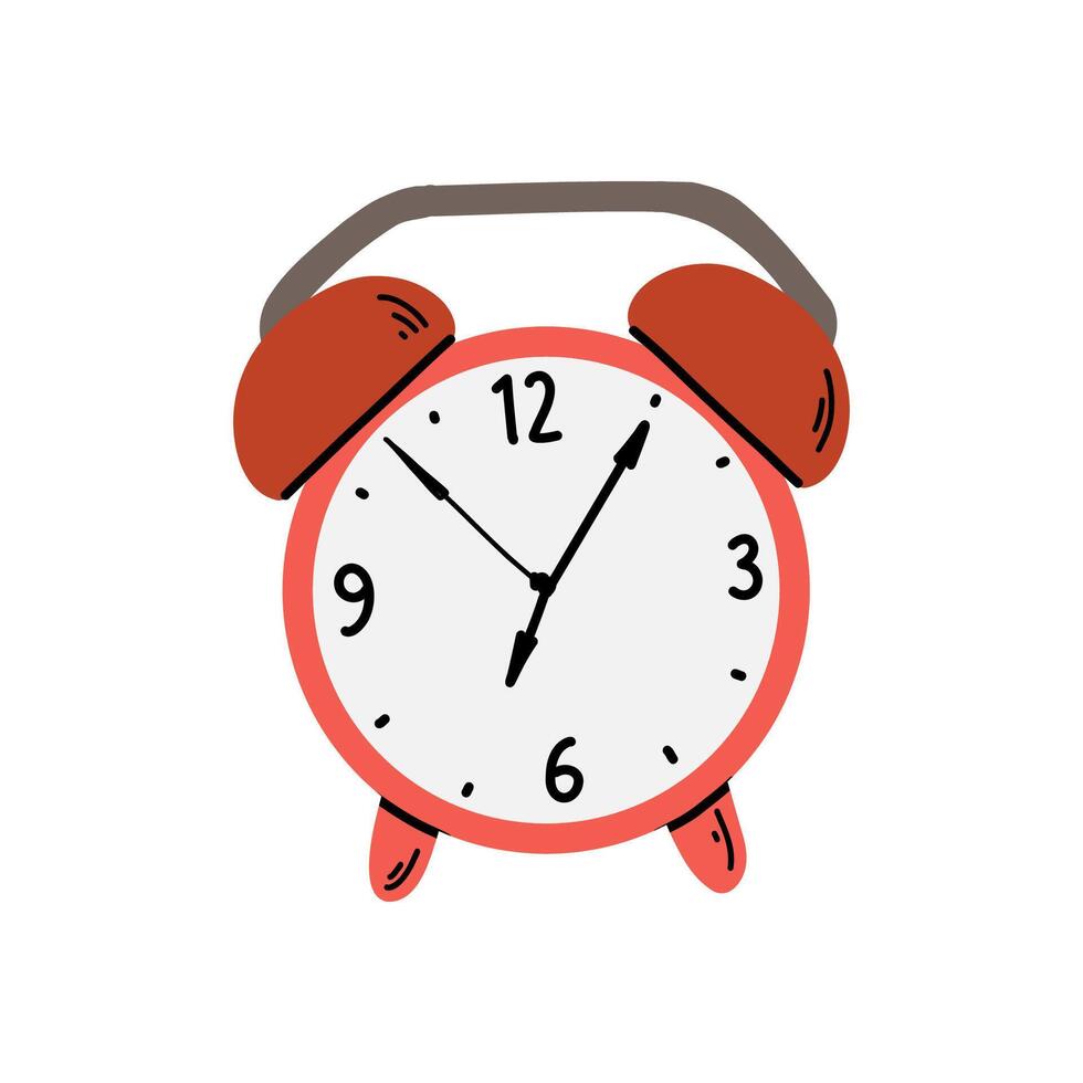 Flat illustration of a hand drawn retro style alarm clock with bells on top and classic round shape. Isolated on a white background. Perfect for school, time, and morning themed designs vector