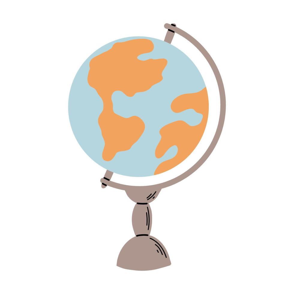 Flat illustration of a hand drawn globe, featuring a simplified world map on a stand. Isolated on a white background. Perfect for school, travel, or geography themed designs. vector