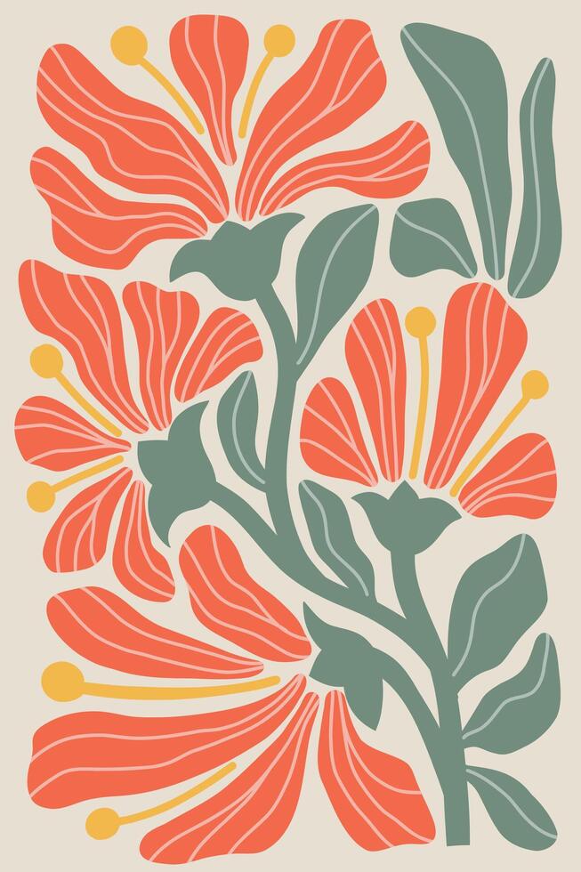 Flat Illustration inspired by Henri Matisses cut out style, featuring vintage abstract orange flowers and green leaves, hand drawn and arranged on a gray background. vector