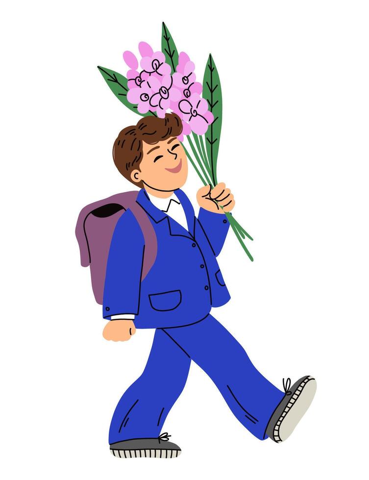 Illustration of a schoolchild walking with a backpack and holding a bouquet of flowers. Isolated character on a white perfect for back to school, Teachers Day, and educational designs vector