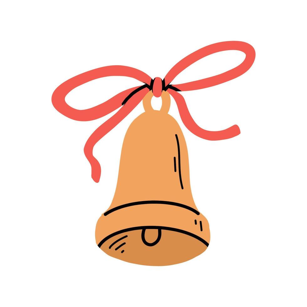 Flat illustration of a hand drawn golden school bell tied with a red ribbon bow. Isolated on a white background. Ideal for school, celebration, or festive themed designs. vector