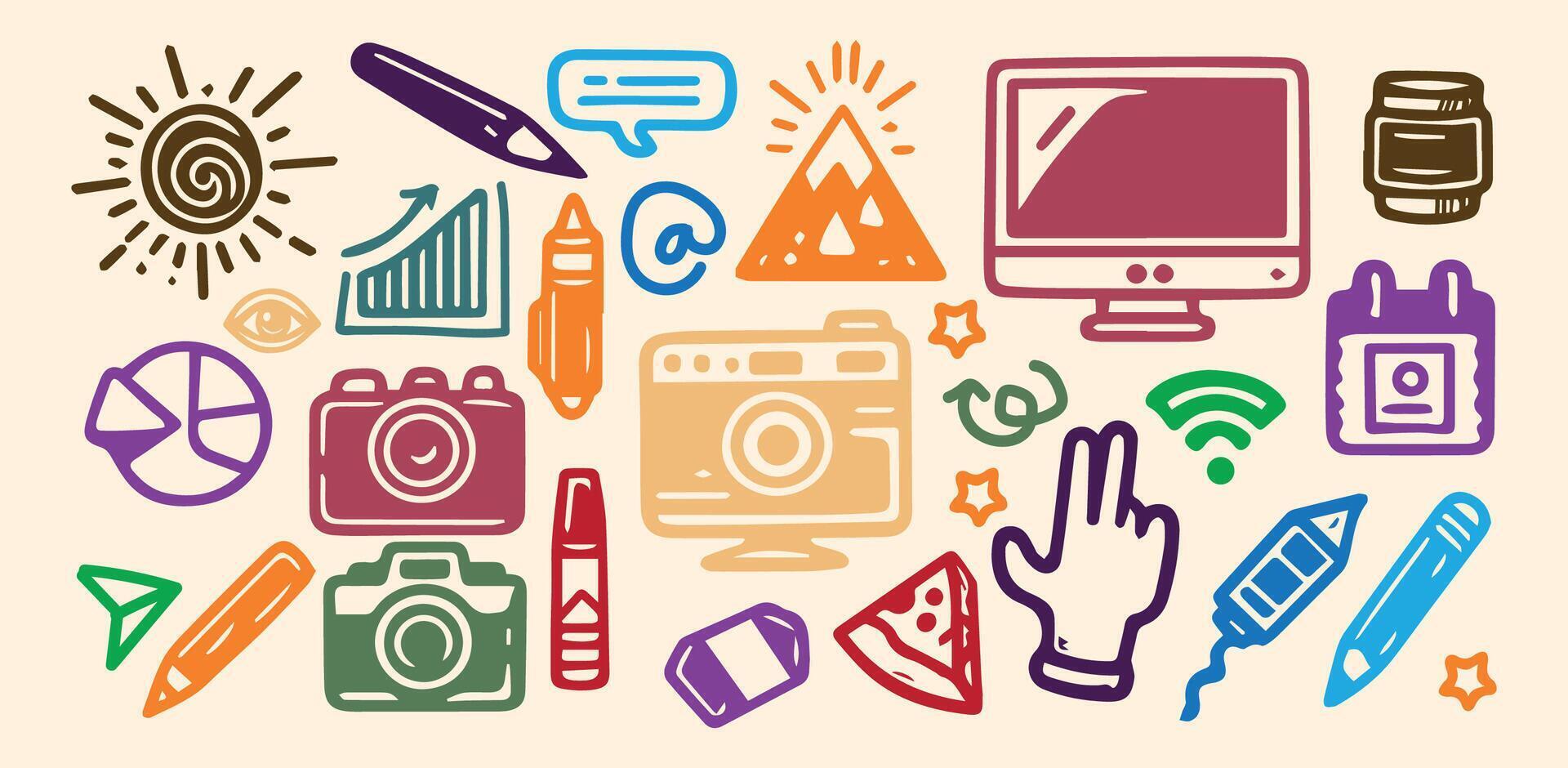 Colorful Random Doodle various Icons vector