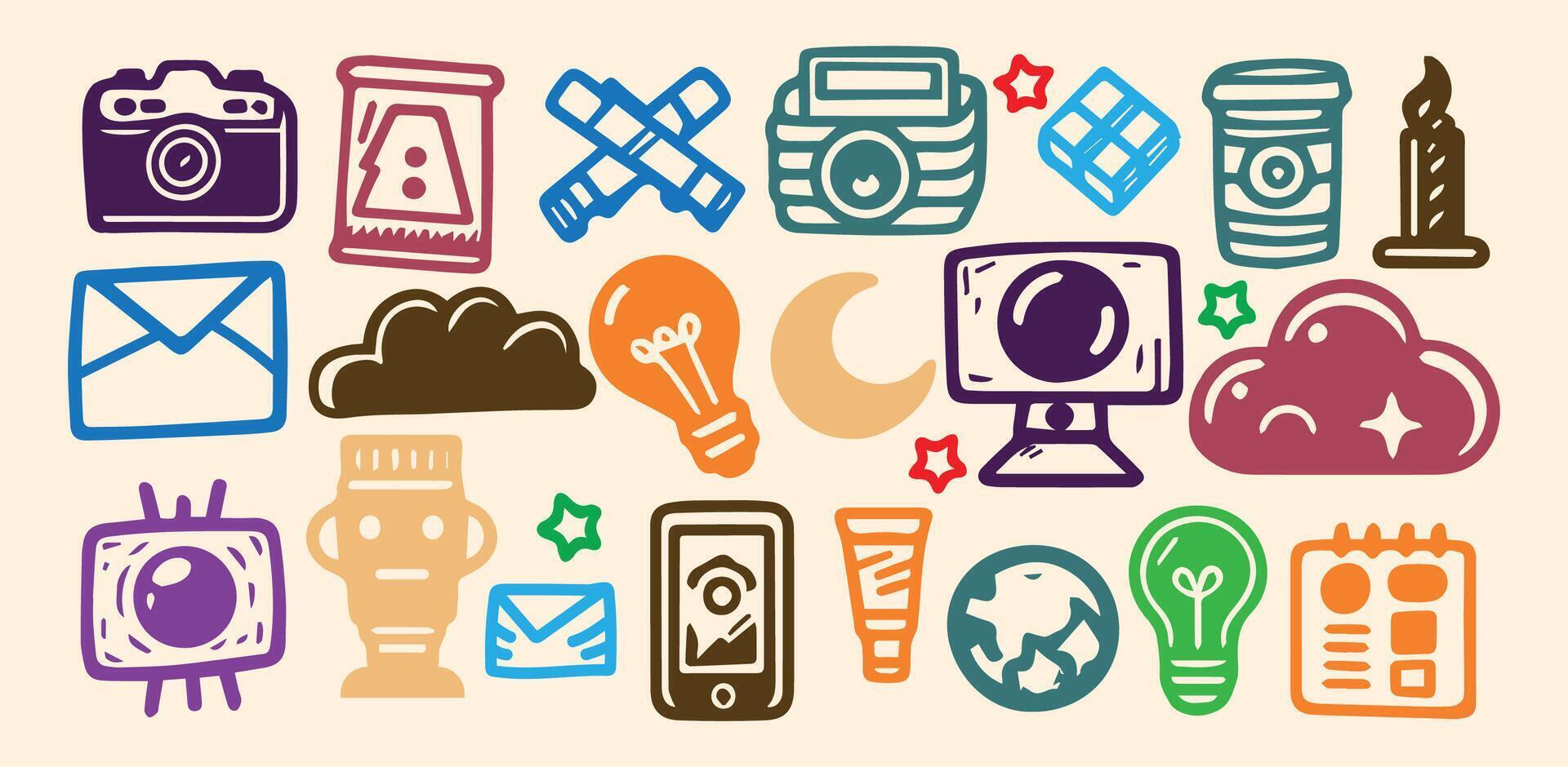 Colorful doodle element set of various simple random icons. vector