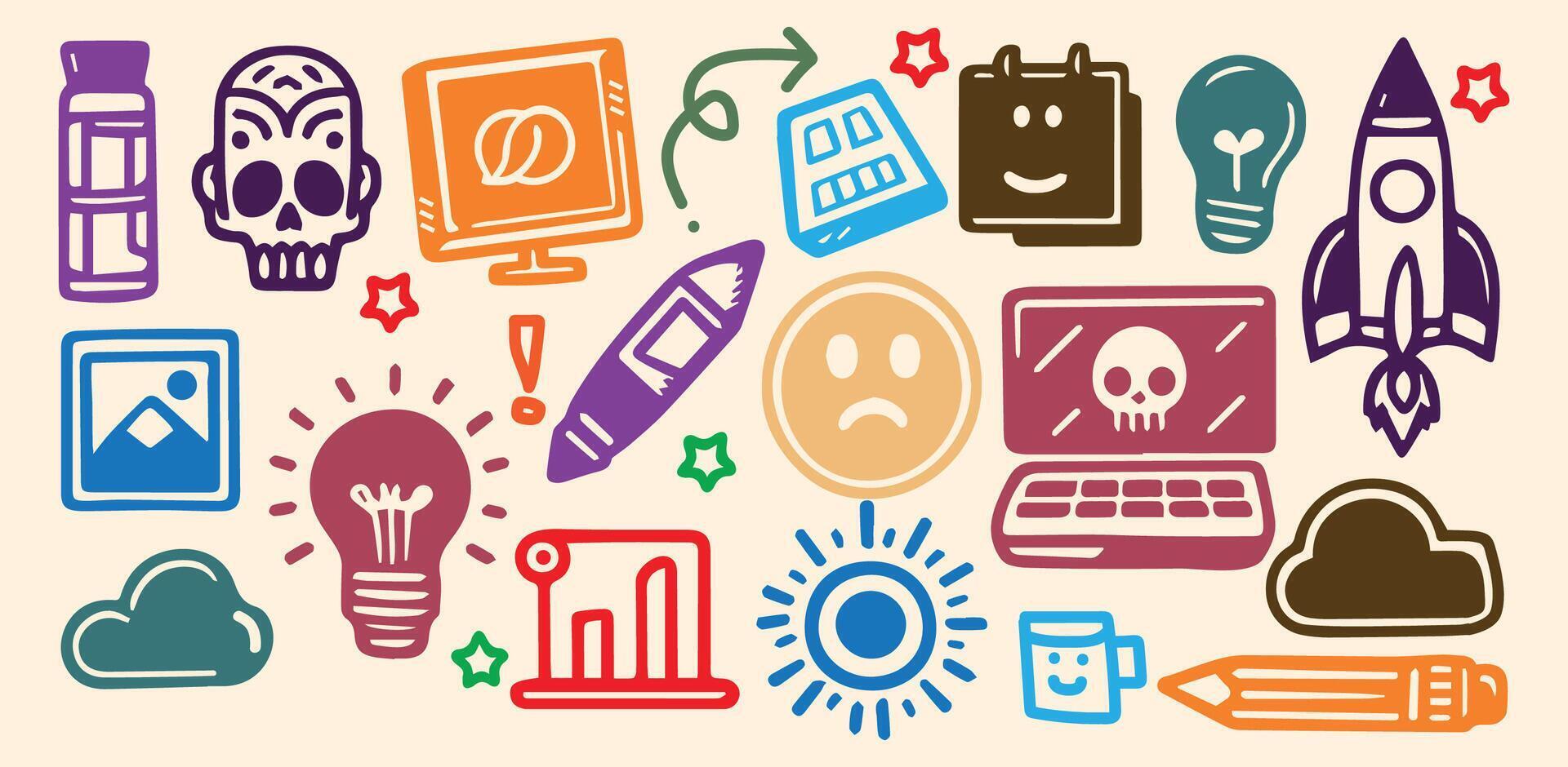 Colorful Hand Drawn Mixed Icons Collection vector