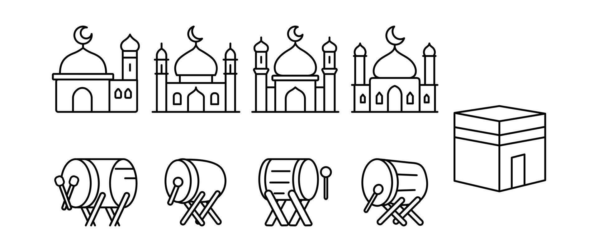 Collection of Islamic icons including mosques, drums, and the Kaaba. vector