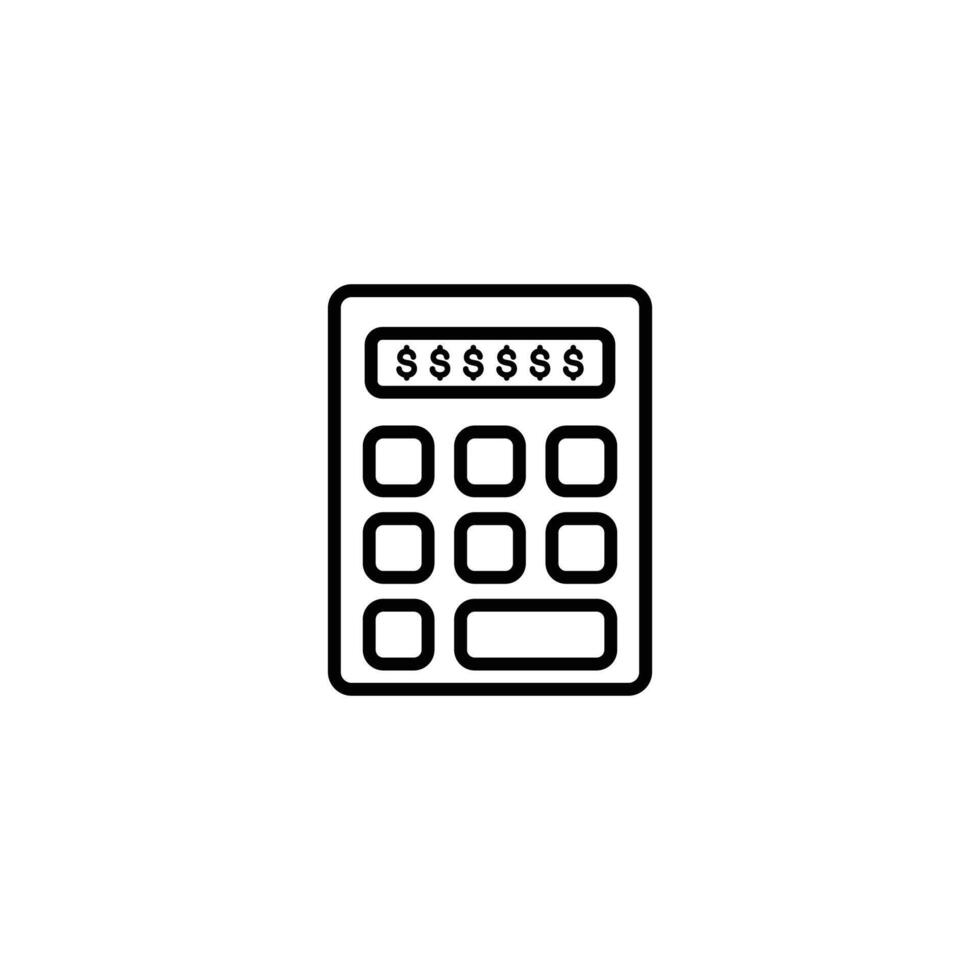 Simple black line art calculator icon showing dollar signs. Represents finance, accounting, and budgeting. vector