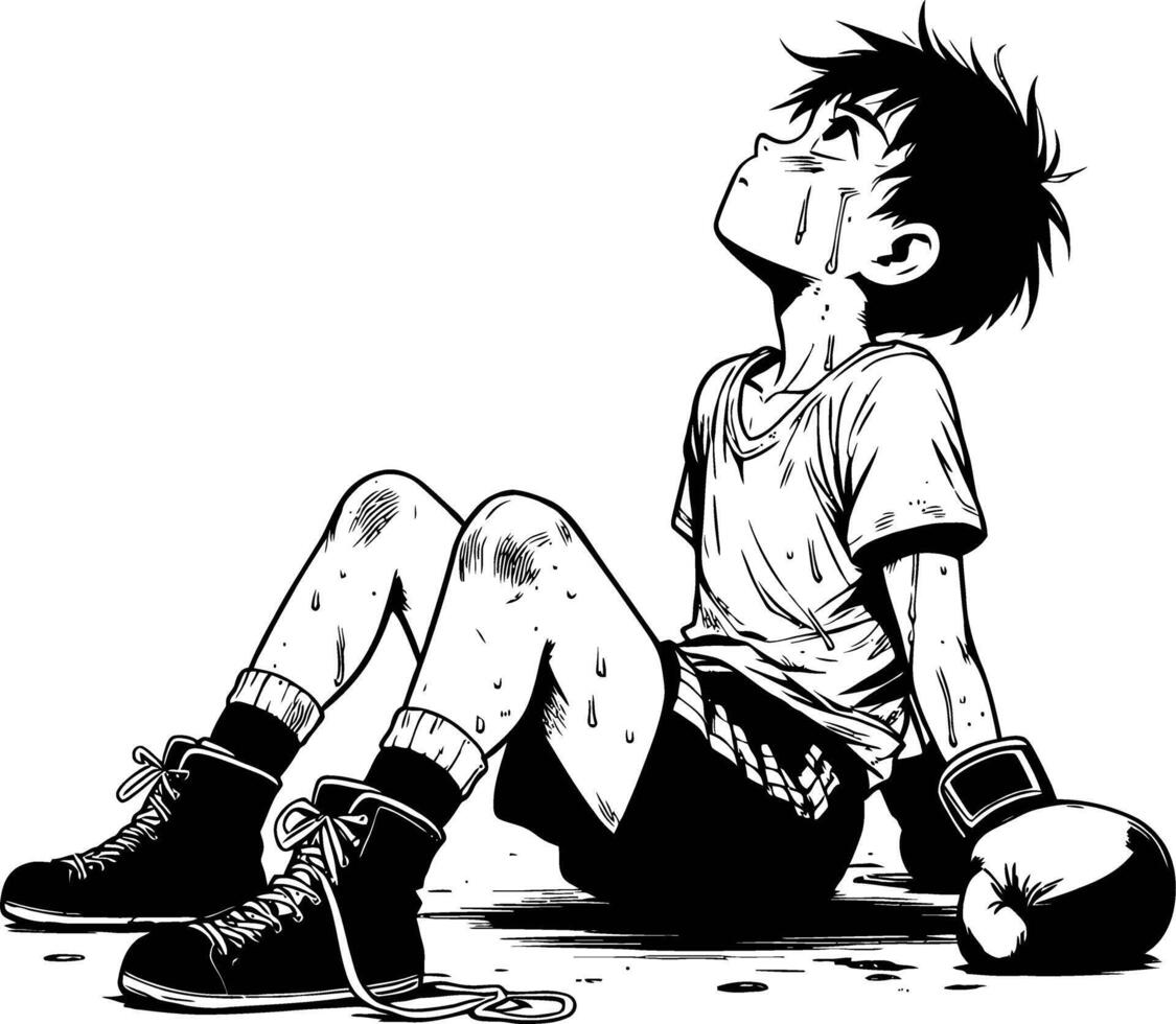 Anime Boxer Exhausted After Match. vector