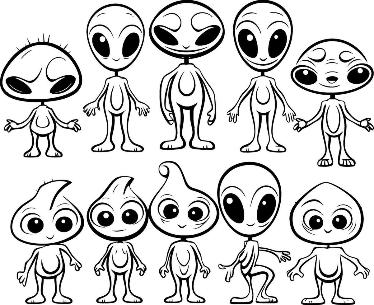 Alien Cartoon Characters with Black and White. vector