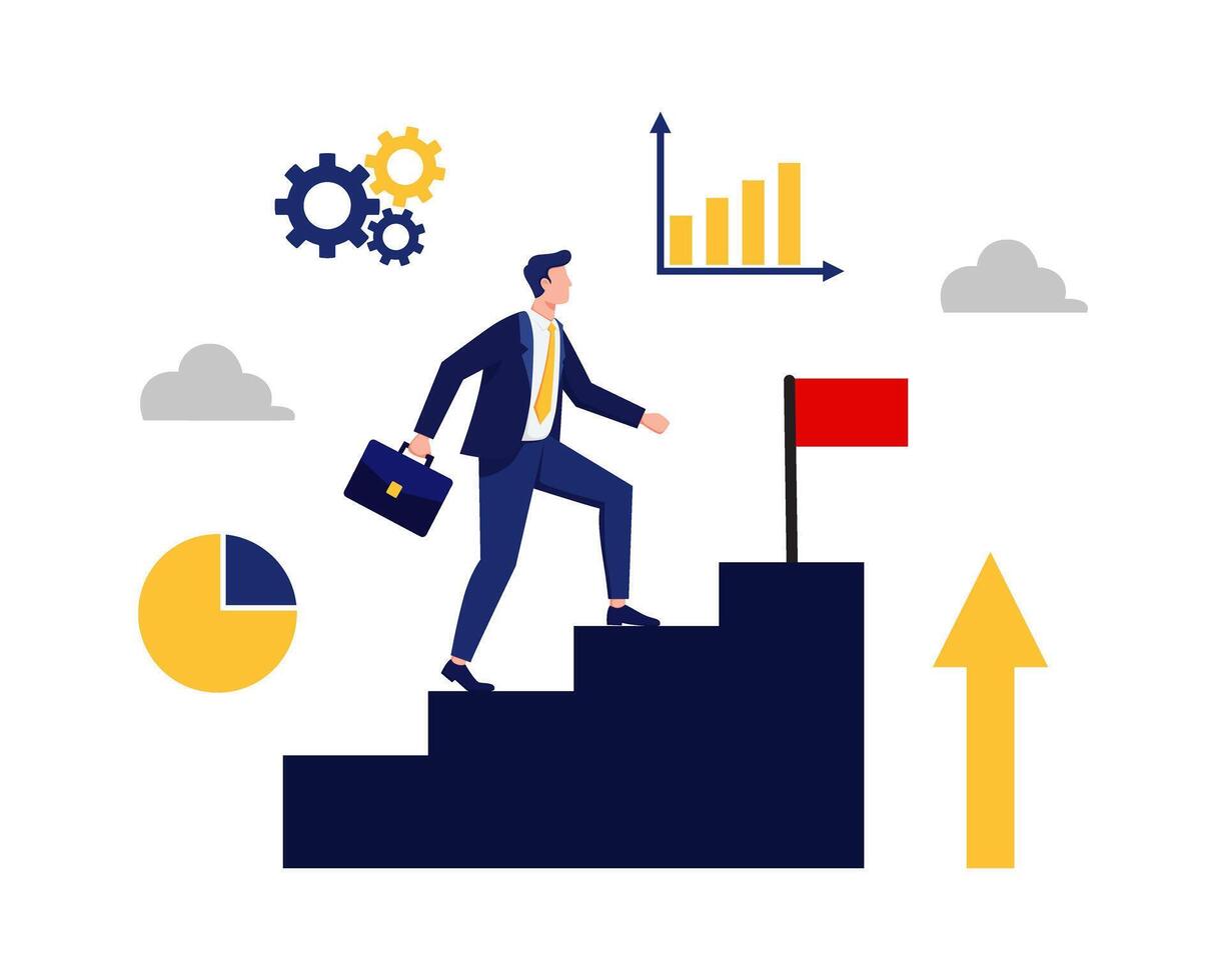 a businessman is climbing the stairs, with the concept of achievement, flat illustration vector