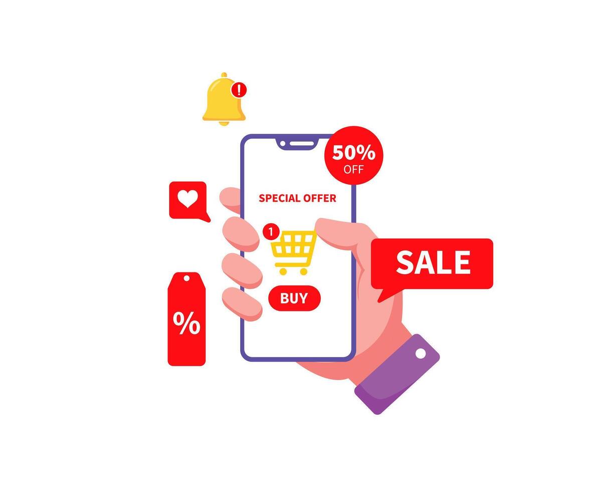 Flat illustration of Hand holds a phone showing online shop. vector