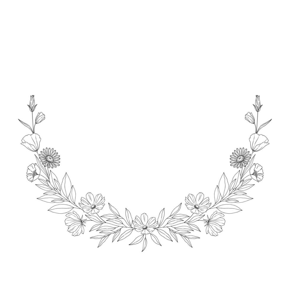 Floral wreath, frame of branches with leaves and flowers, outline vector