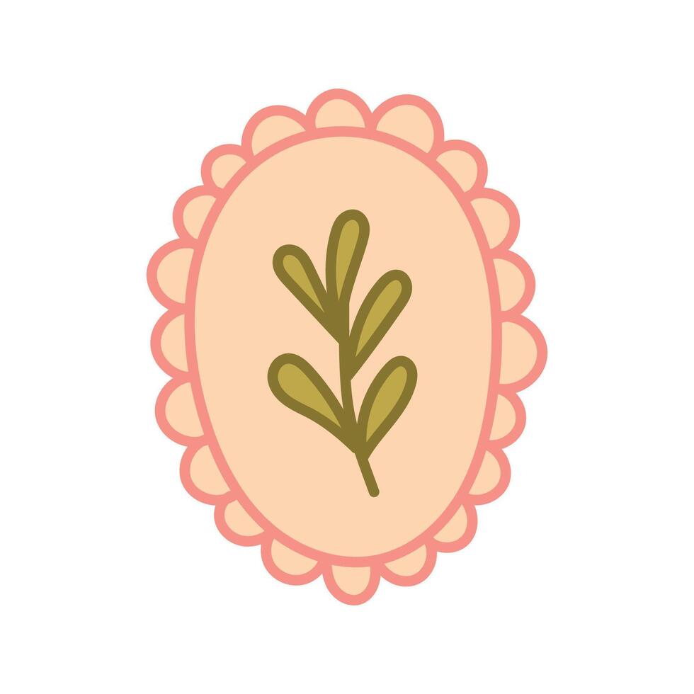 Boho oval badge with green botanical leaf and pink lace frame vector