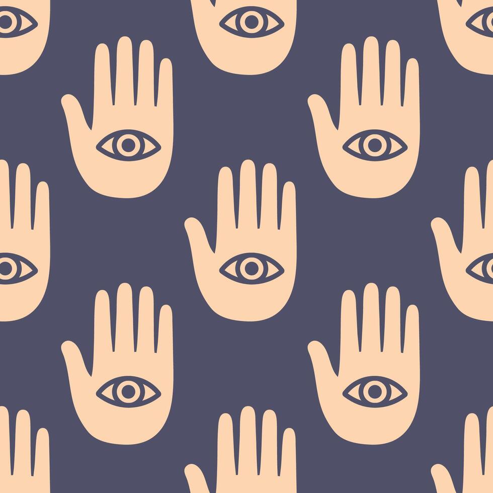 Boho hamsa hand with eye seamless pattern on dark background vector