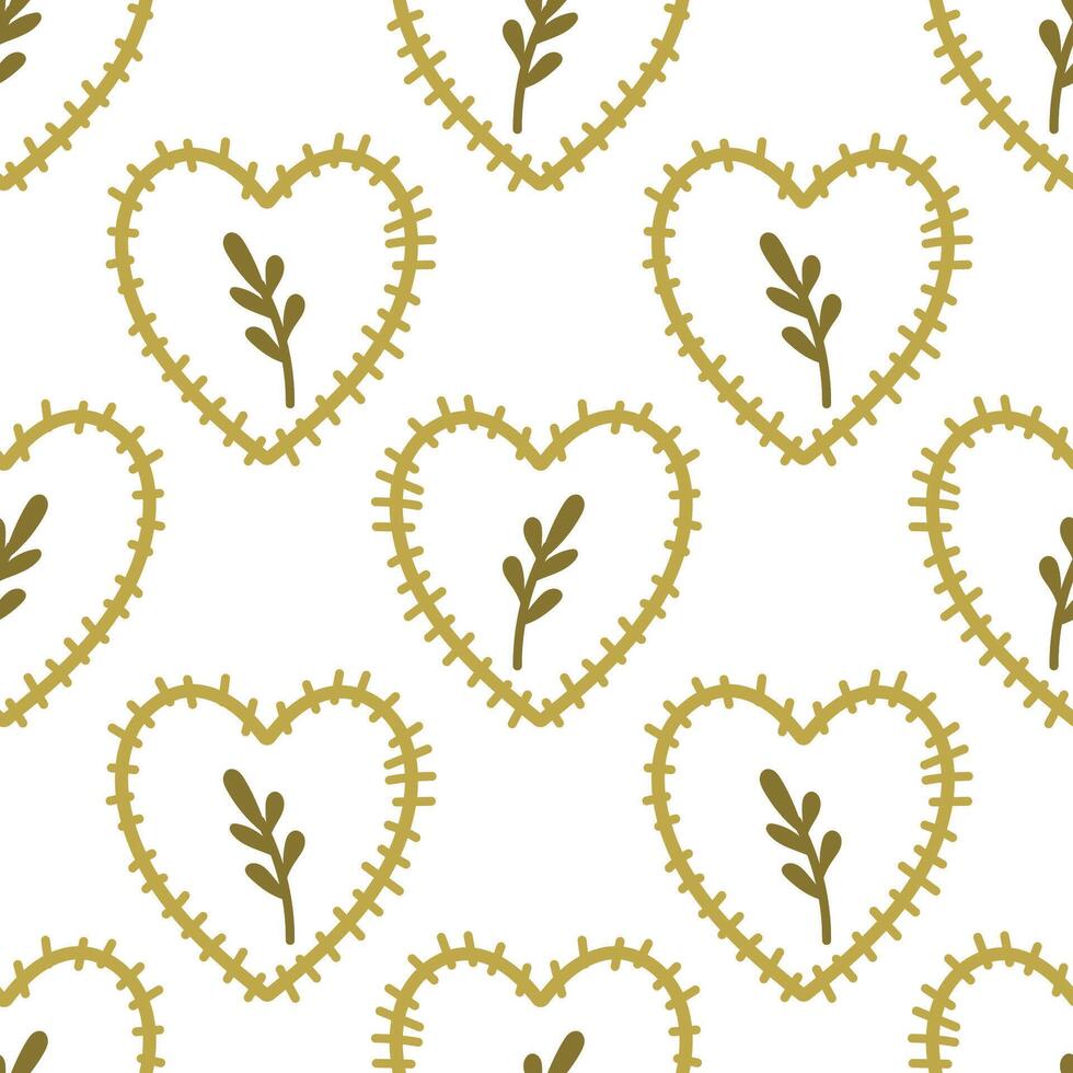 Boho stitched hearts with olive branches seamless pattern vector