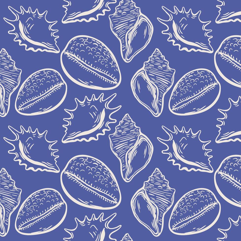 White seashell sketch pattern on navy blue background vector