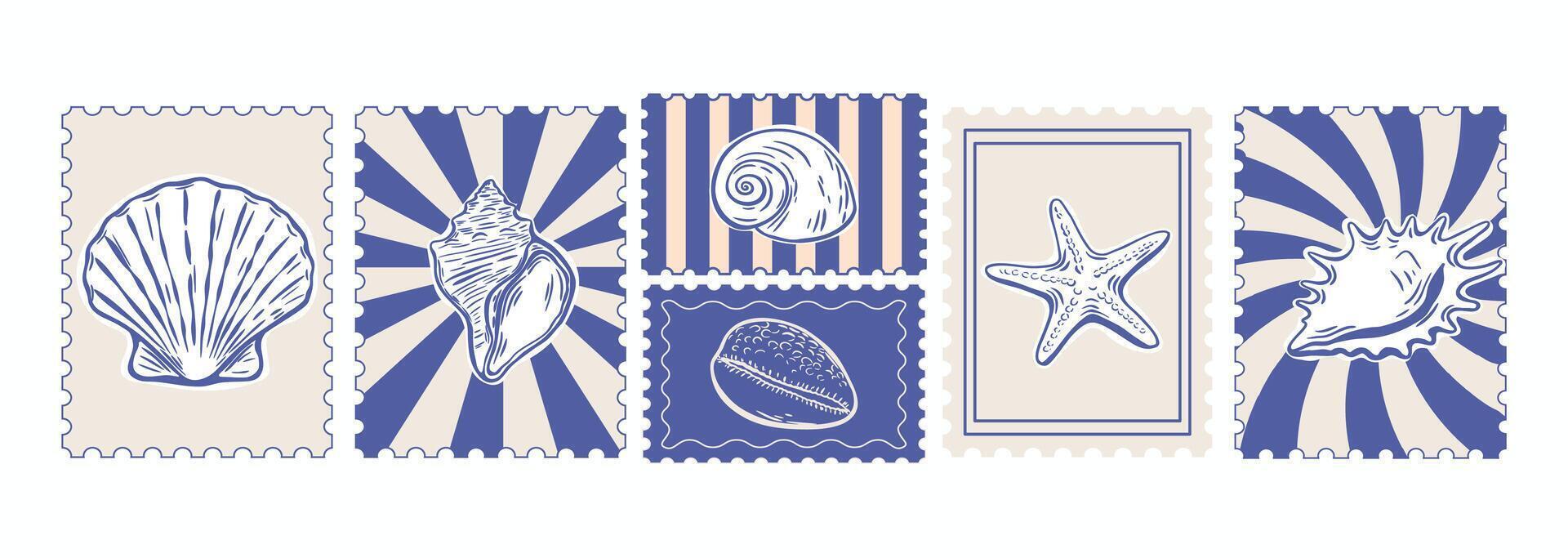 Row of marine vintage stamps with seashell drawings vector