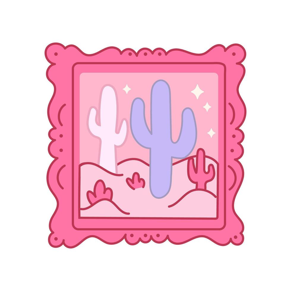 Pink desert cactus framed illustration in cartoon style vector