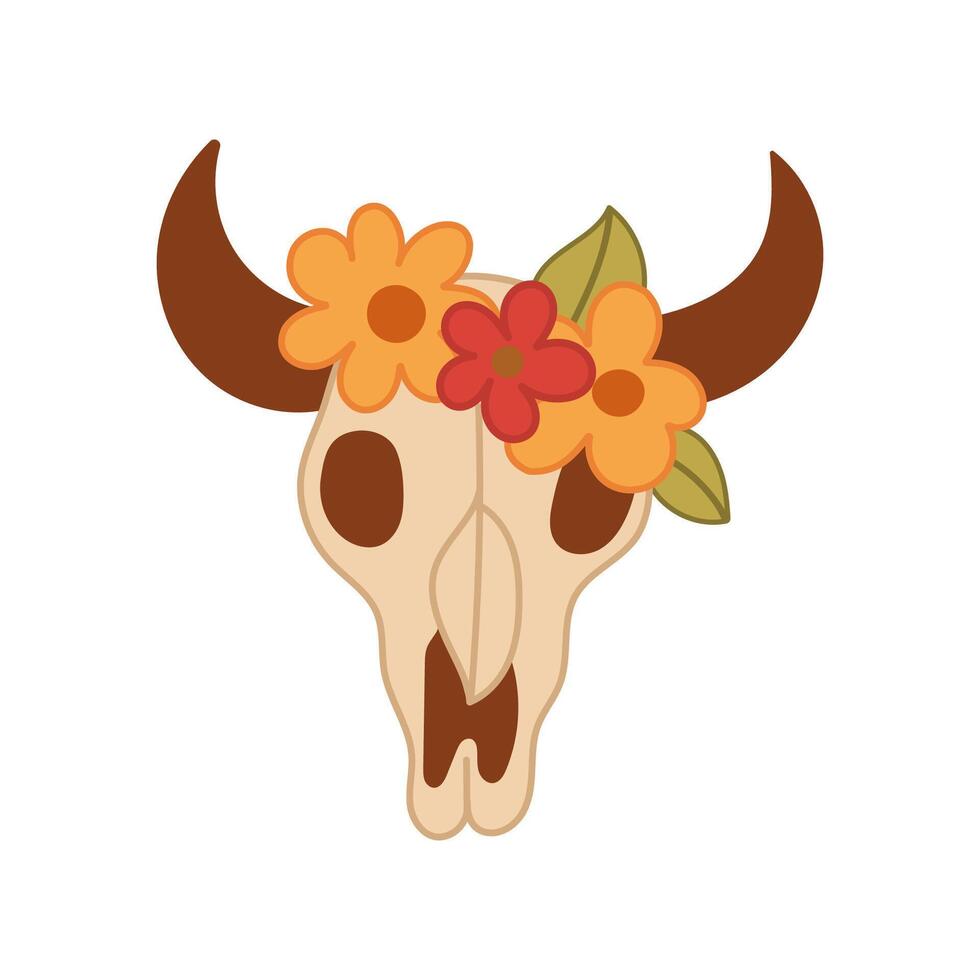 Cow skull with floral crown in western cartoon style vector