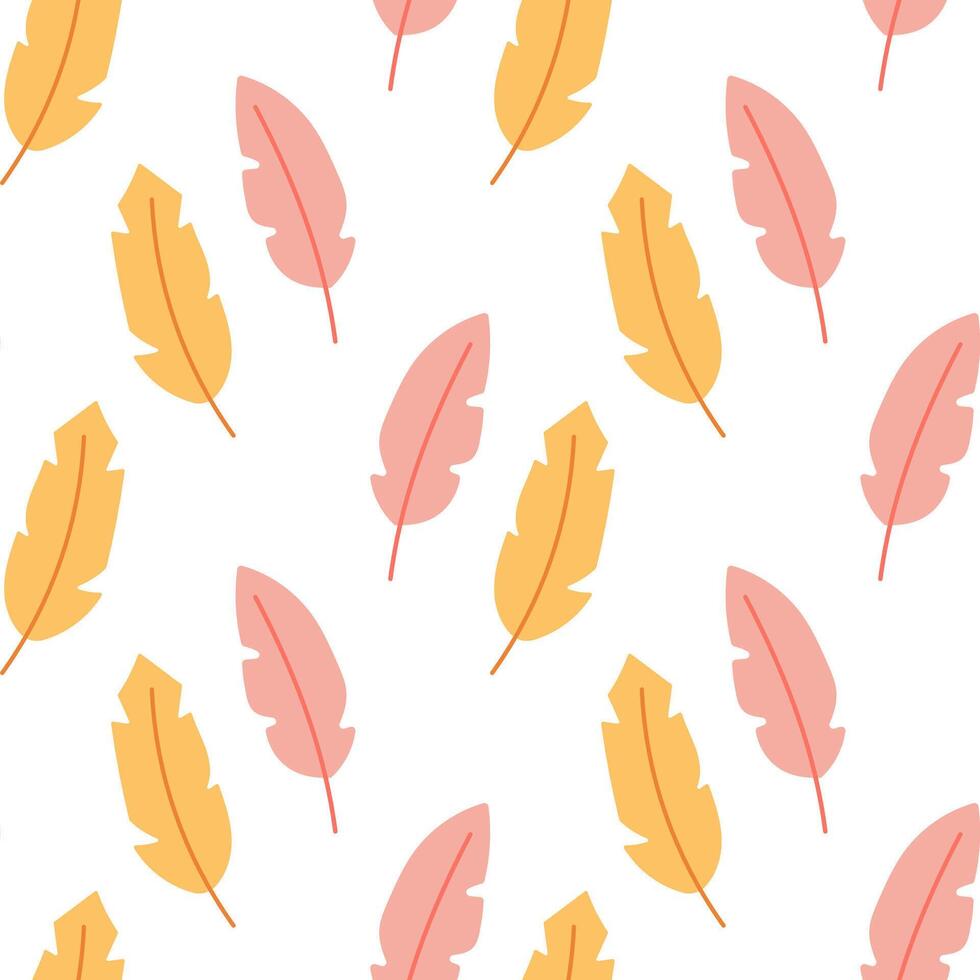 Boho pink and yellow feathers seamless background for kids design vector