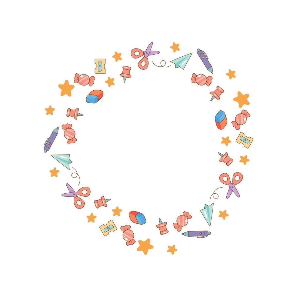 Circular frame with school supplies and candy icons vector