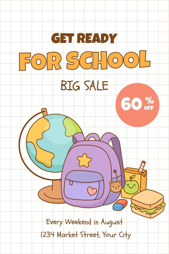 School supplies sale with backpack and globe vector