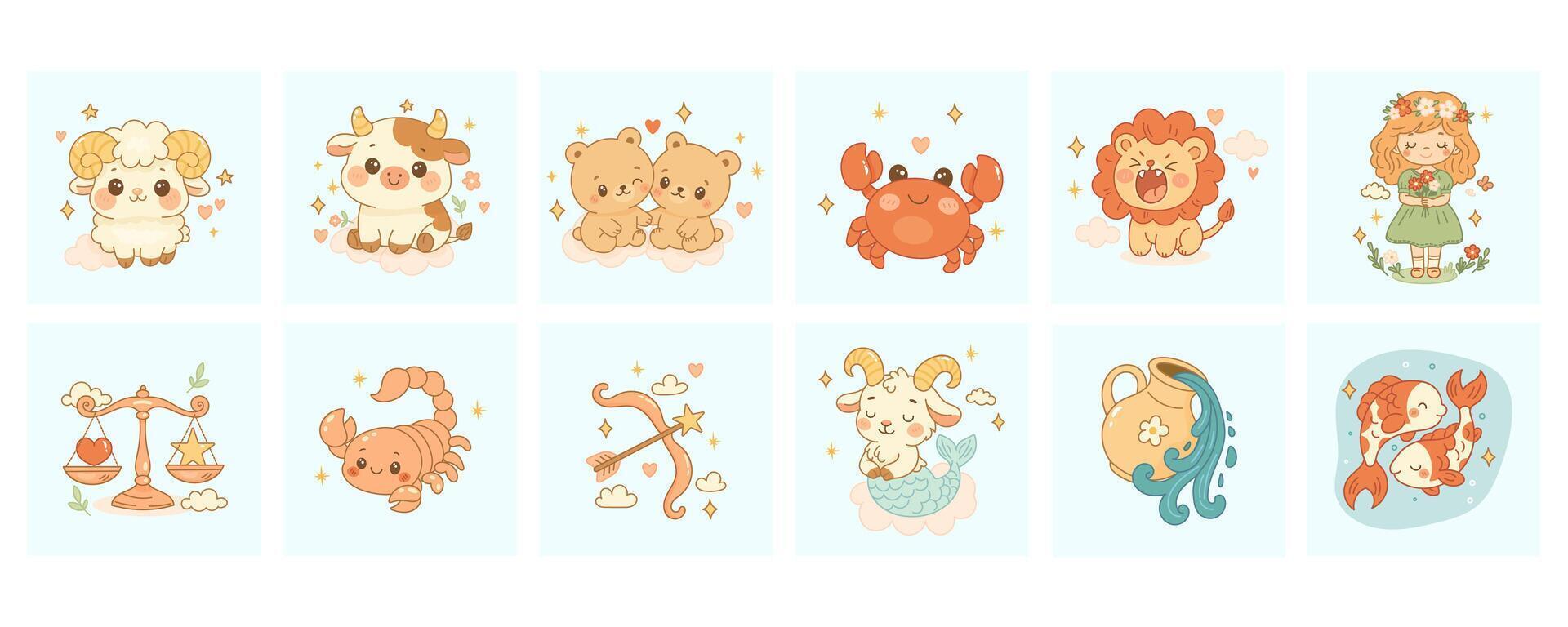 Zodiac sign collection, set of twelve cute illustrations vector