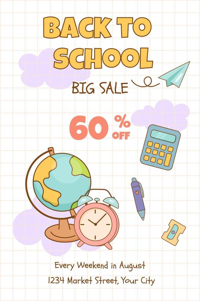 Back to school sale poster with supplies and globe vector