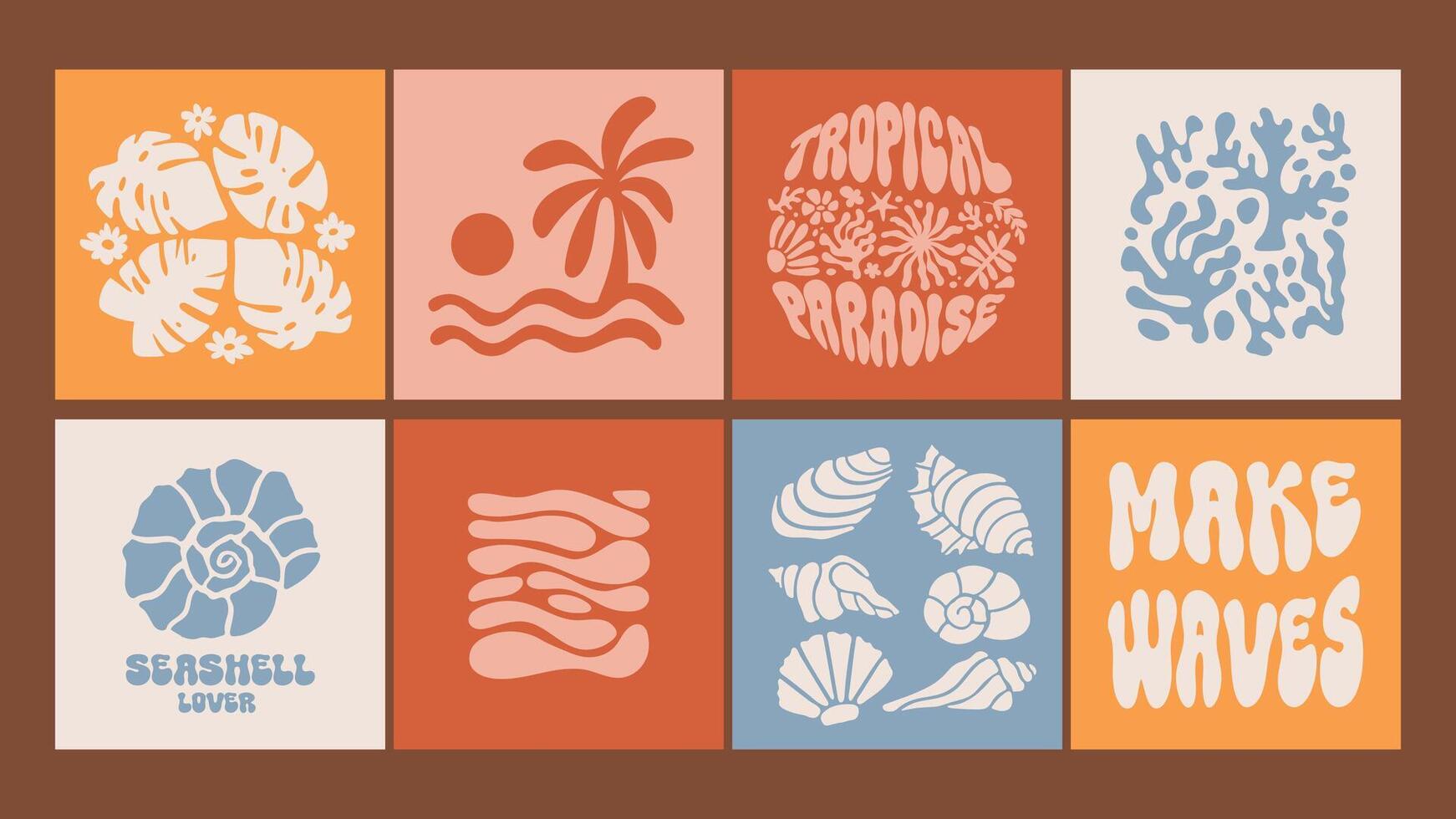Square summer posters, tropical hand drawn tropical elements. Linocut style posters. retro shapes vector