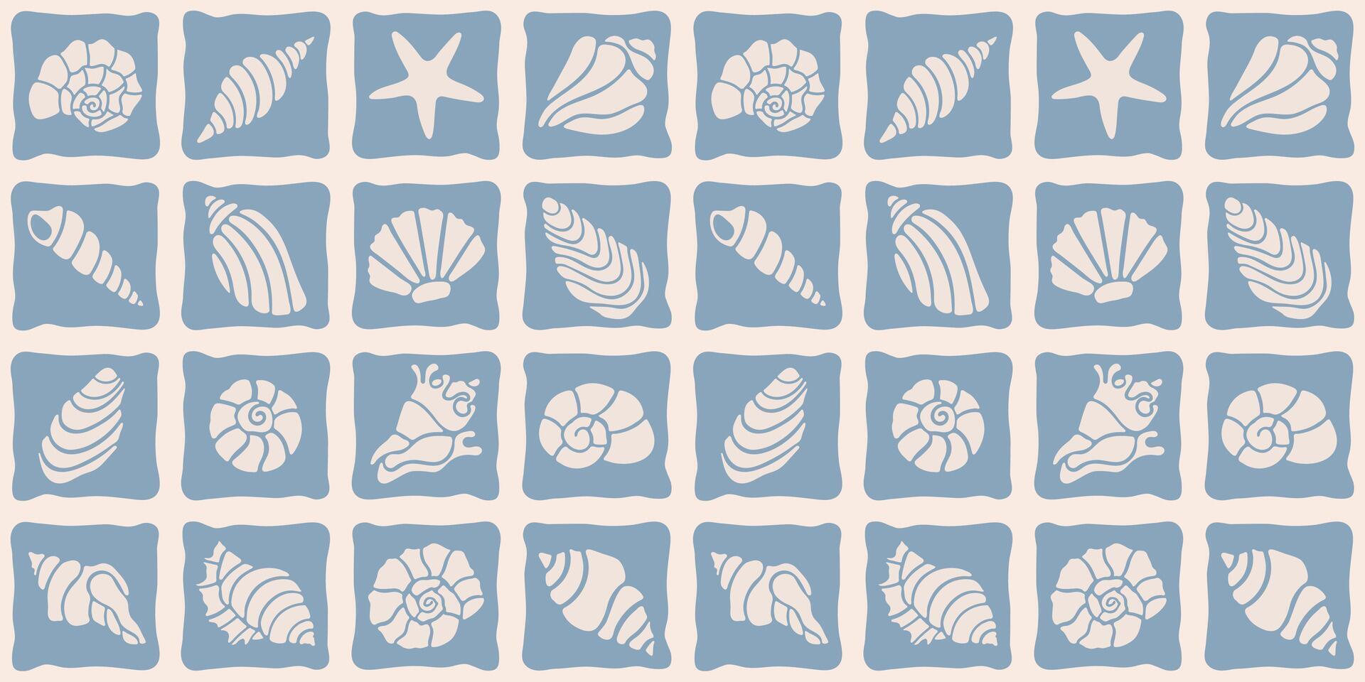 Seamless marine pattern in linocut, mosaic style. Hand drawn simple seashells. summer print vector