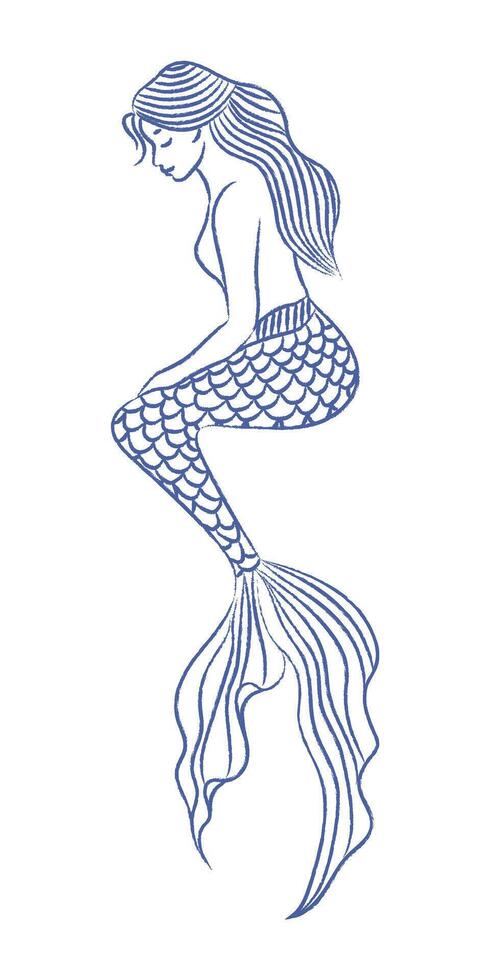 Sitting mermaid . Doodle of woman with fish tail, sea mermaid. Texture of pencil, chalk. isolated element vector
