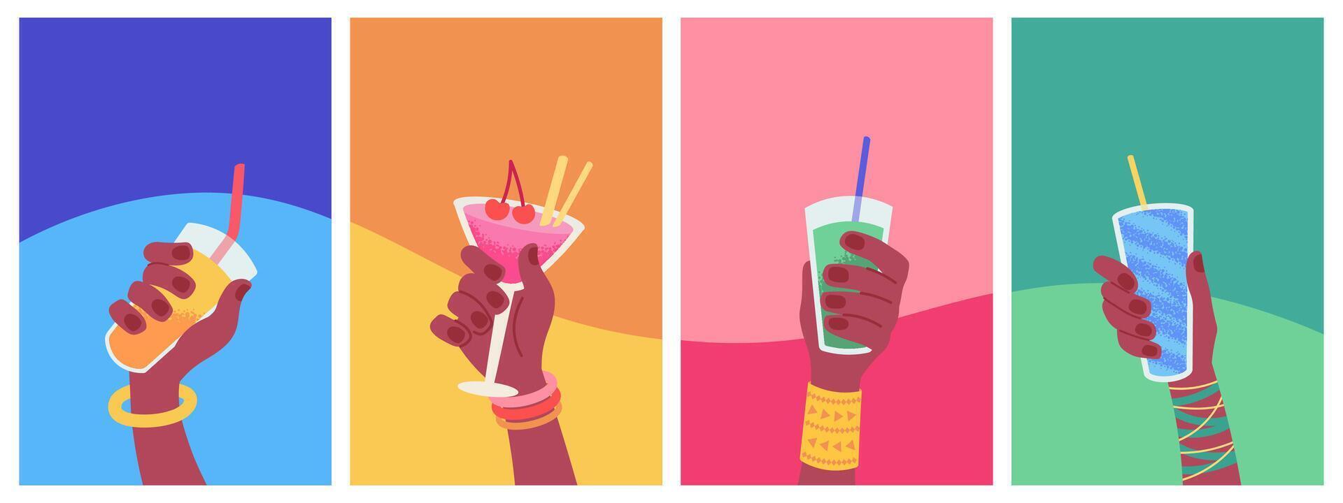 Hands holding colorful summer drinks vector