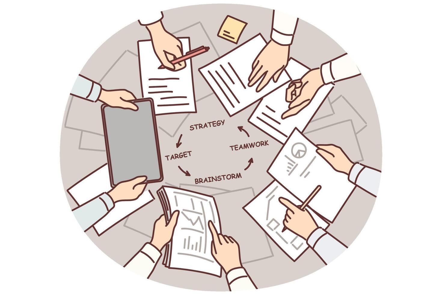 Hands of people over table with documents doing teamwork and strategizing during brainstorming vector