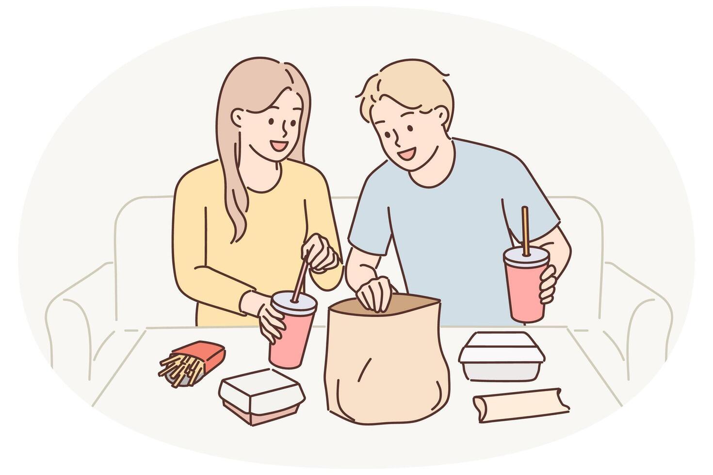 Man and woman have lunch sitting at table enjoy takeout food delivered by courier from restaurant vector