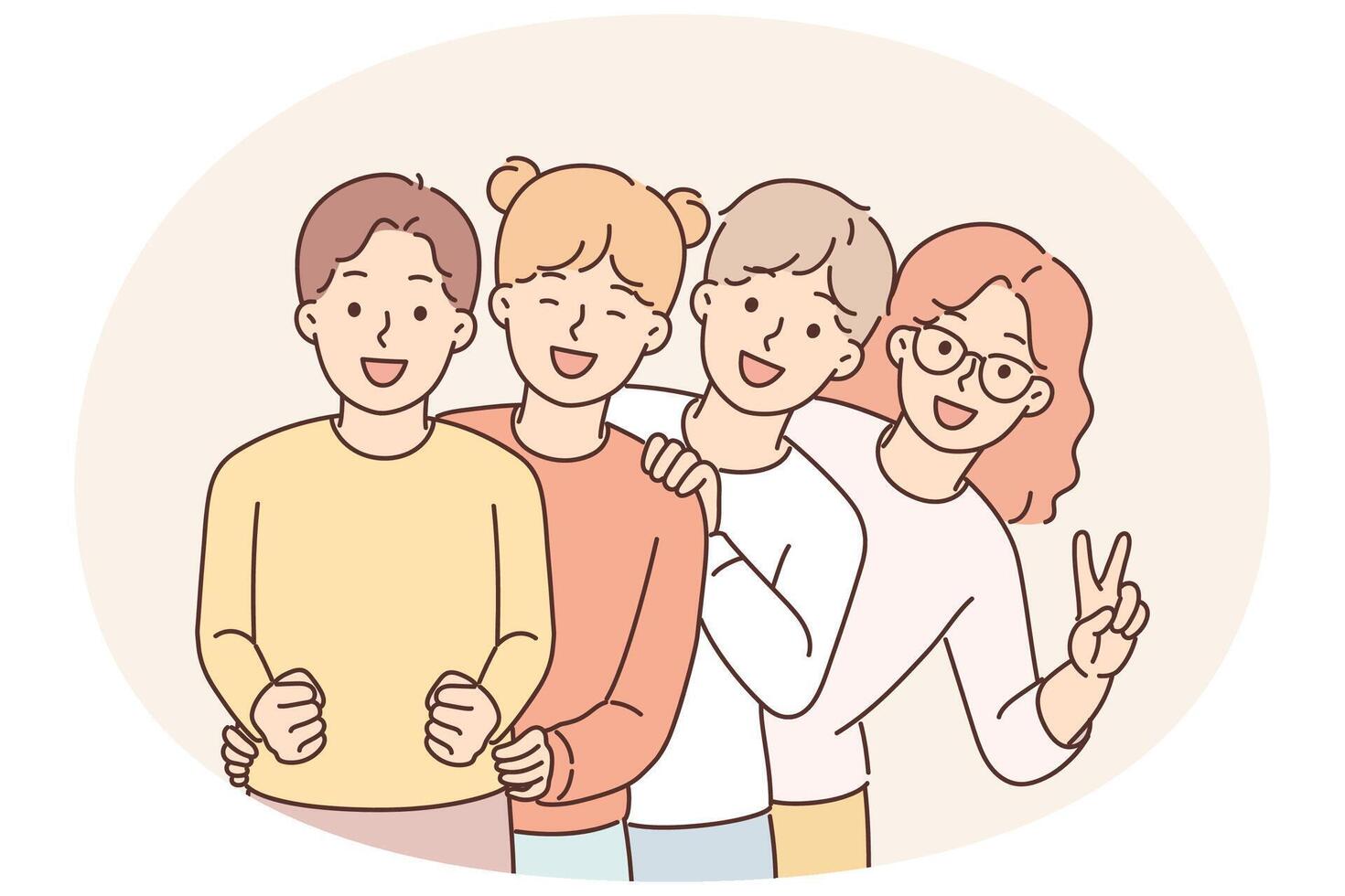 Pre-teenage children stand behind each other and laugh enjoying socializing together vector