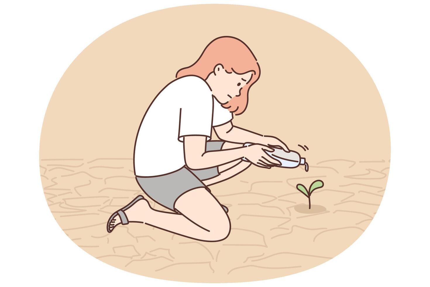 Teenage girl watering plants growing from dry soil or in need of moisture due to lack of rain vector