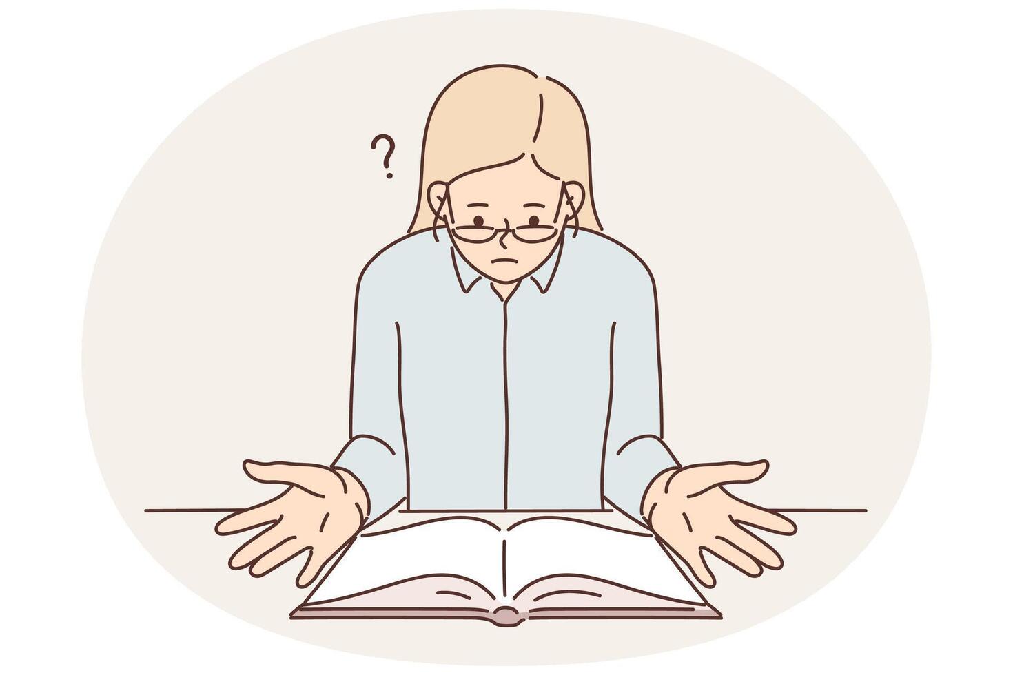 Surprised religious woman sitting at table with open bible reading holy book with christian prayers vector
