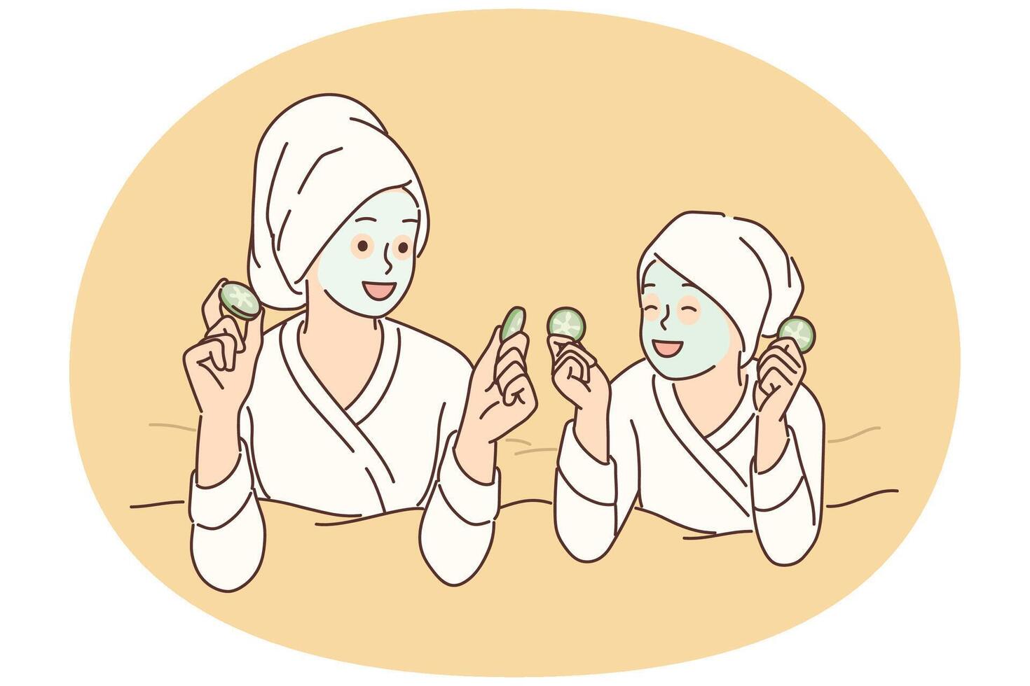 Two girls with hygienic mask on face rest lying on bed during rejuvenating spa treatment vector