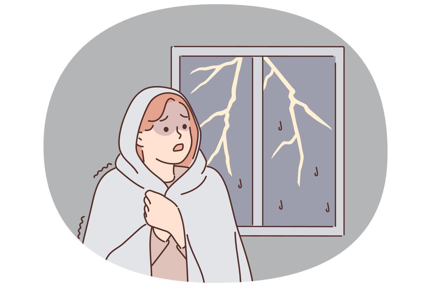 Woman was frightened by lightning and storm outside window wrapped herself in blanket vector