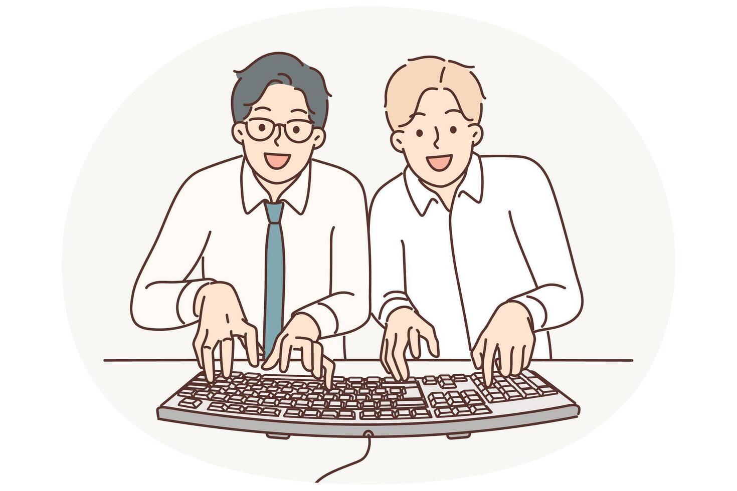 Two man computer geeks use keyboard to type code at same time to develop programs or applications vector