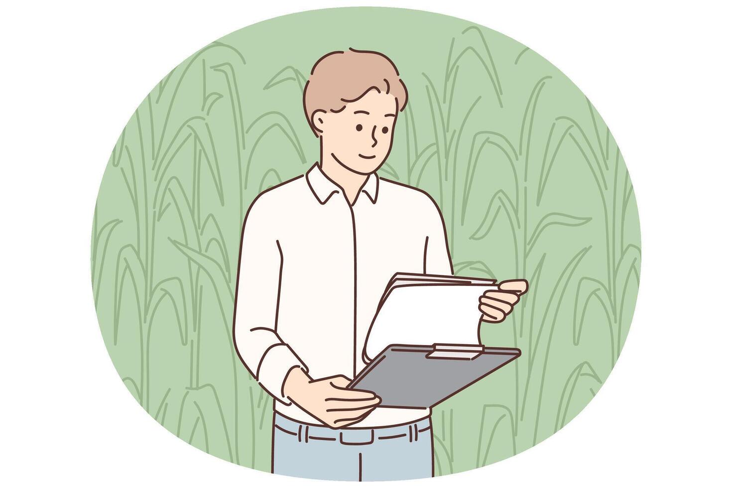 Man farmer inspecting corncobs standing in field with clipboard and working in agribusiness vector