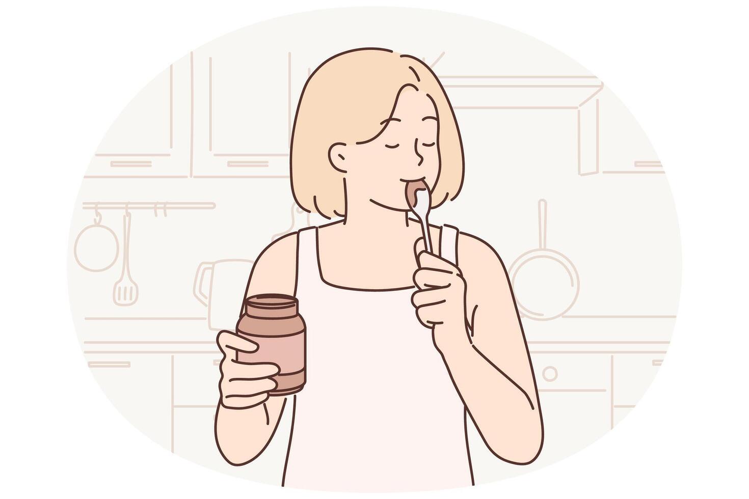 Happy woman stands in kitchen with jar of chocolate paste or peanut butter and licks spoon vector