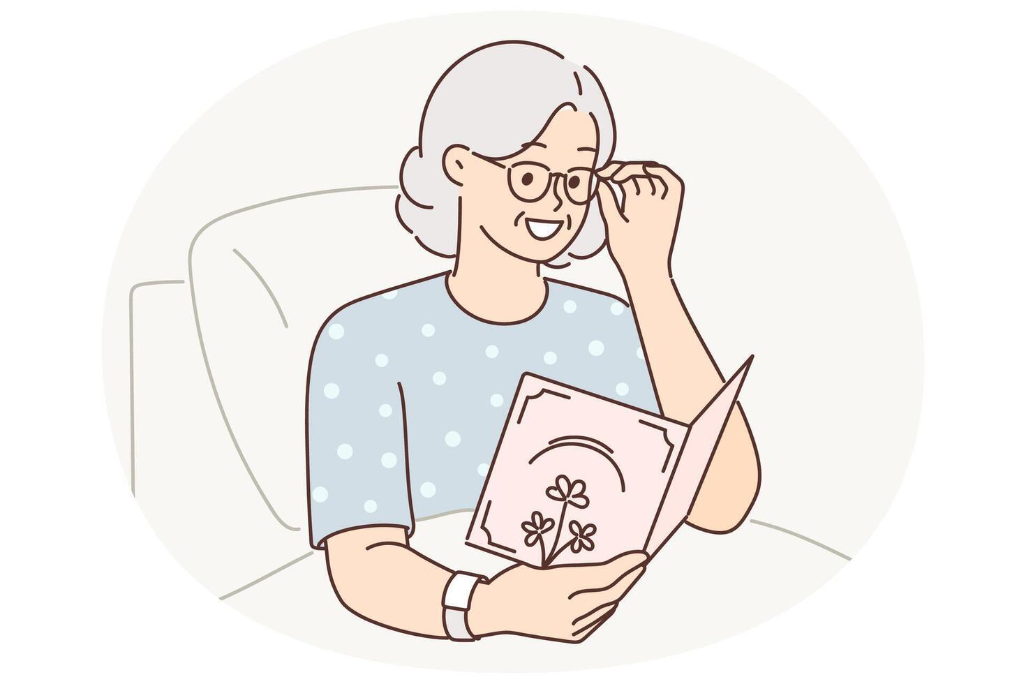 Sick elderly woman lying in hospital holds card from loved ones with wishes for speedy recovery vector